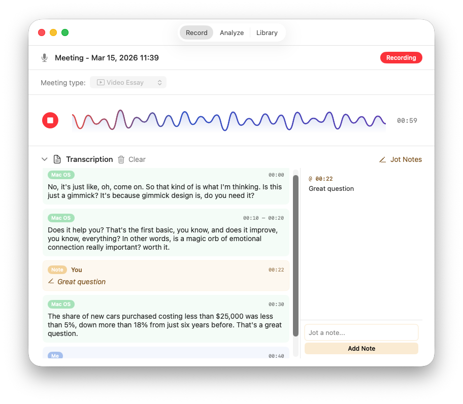 Look Ma No Hands meeting recording with live transcription