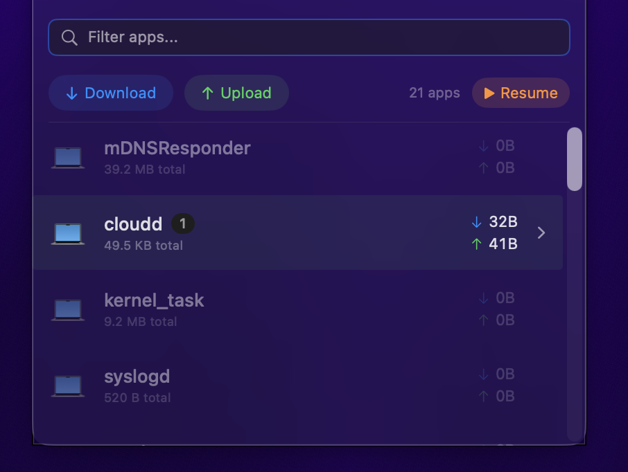 Per-app traffic breakdown list