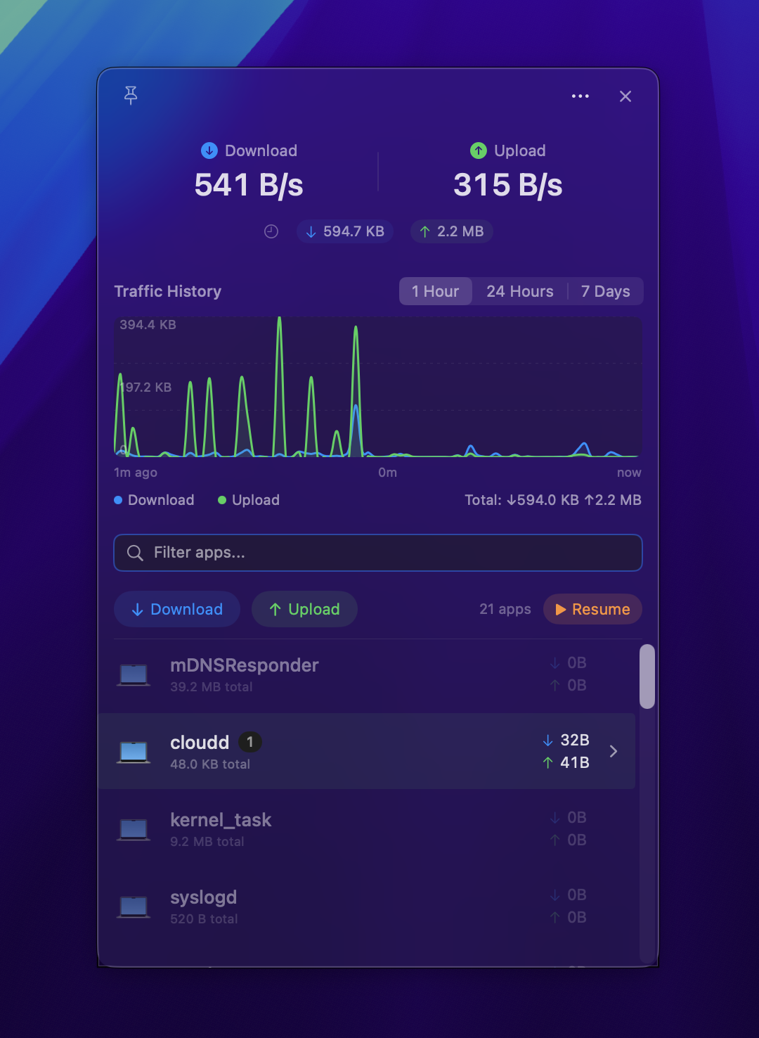Spook app panel showing speed stats, traffic history, and per-app list